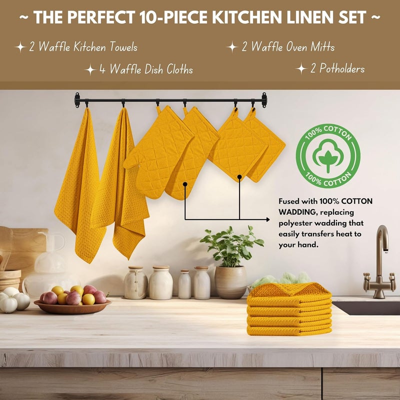 Native Fab 10-Piece Kitchen Set - 100% Cotton, Includes Dishcloths, Dish Towels, Oven Mitts, Potholders, Heat Resistant & Durable, Ideal for Baking, Cooking, and All Kitchen Tasks - Mustard Yellow - Image 3