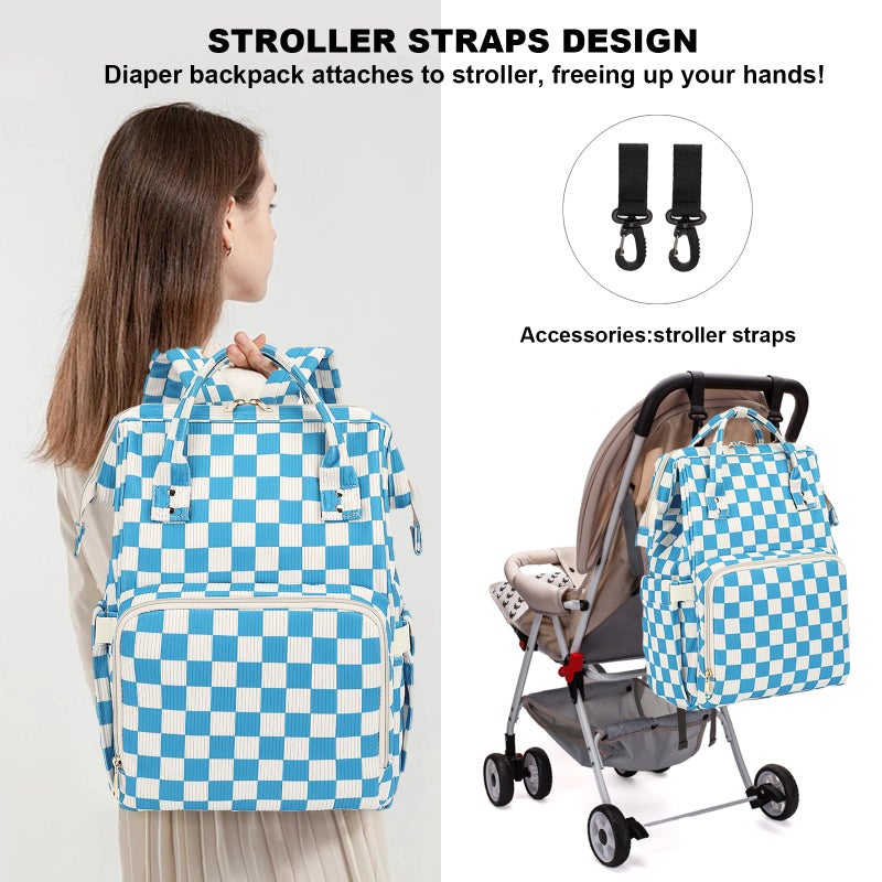 Dezcrab Baby Diaper Bag Backpack for Mom, Large Capacity Travel Nappy Bag for Boys & Girls with Stroller Straps (Corduroy Checkered Blue) - Image 2