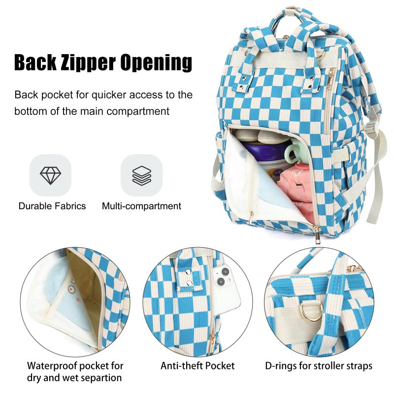 Dezcrab Baby Diaper Bag Backpack for Mom, Large Capacity Travel Nappy Bag for Boys & Girls with Stroller Straps (Corduroy Checkered Blue) - Image 4
