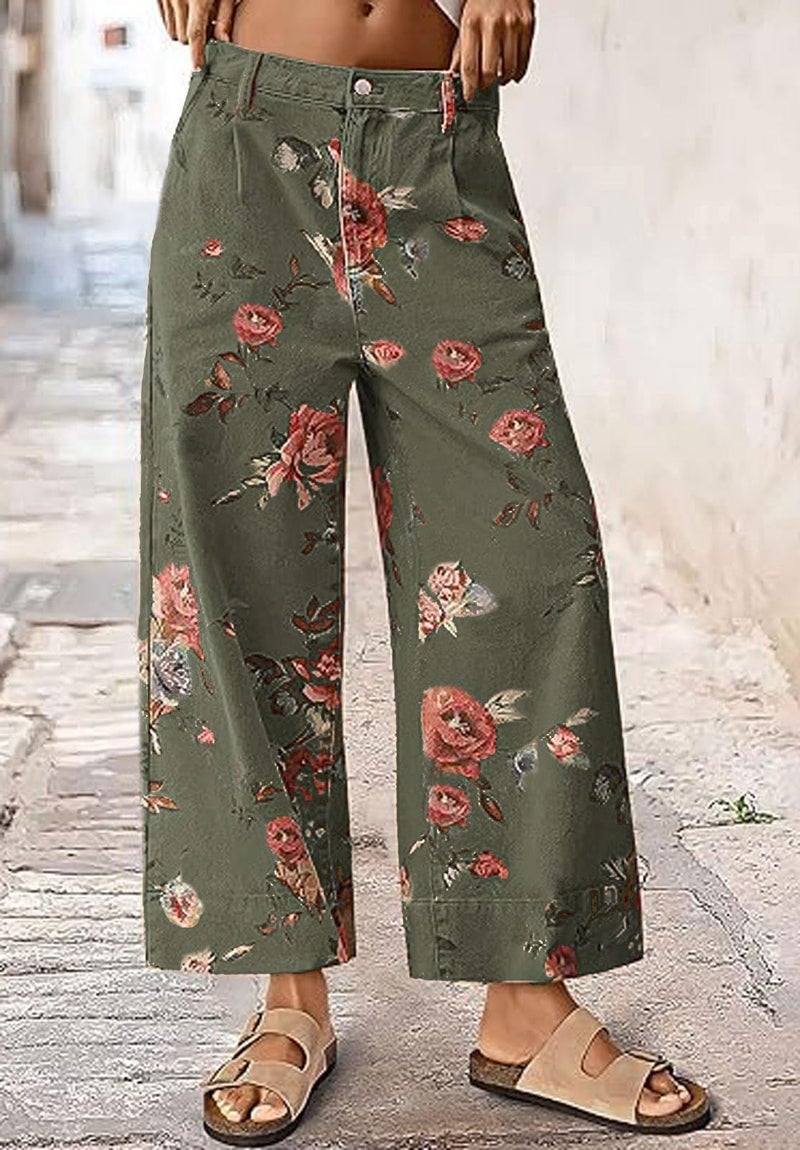 loveimgs Women Mid Rise Cropped Wide Leg Jeans Baggy Floral Ankle Pants Denim Capris Flare Print Boho Palazzo Jeans Boyfriend (X-Small,Army Green) - Image 2