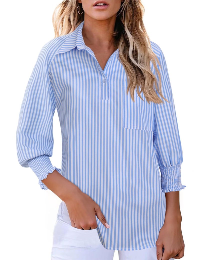 Kistore 3/4 Sleeve Tops Ladies Button Down Shirts Smocked Striped Shirt Casual Summer Collar Blouses Blue Stripe XL - Image 1