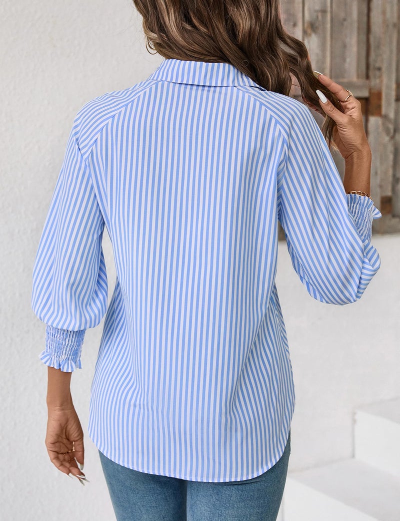 Kistore 3/4 Sleeve Tops Ladies Button Down Shirts Smocked Striped Shirt Casual Summer Collar Blouses Blue Stripe XL - Image 5