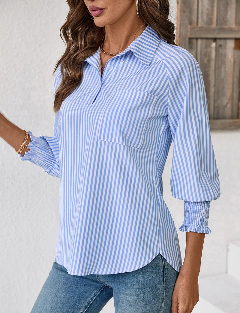 Kistore 3/4 Sleeve Tops Ladies Button Down Shirts Smocked Striped Shirt Casual Summer Collar Blouses Blue Stripe XL - Image 2