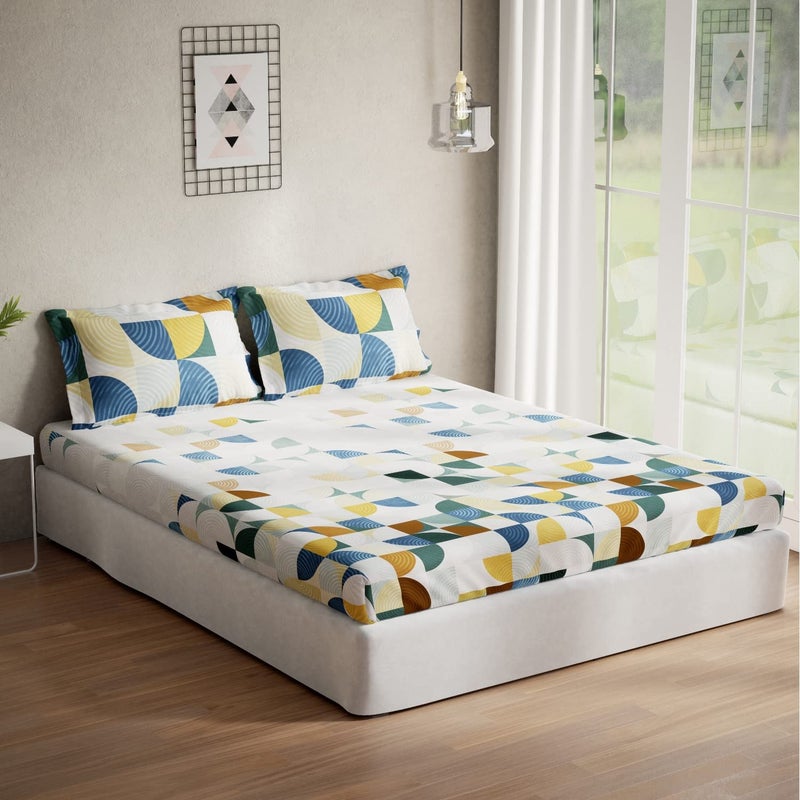 DDECOR Live beautiful DDECOR Pack of 1 Jazz Geometric Cotton Double Bedsheet with 2 Pillow Covers Blue 