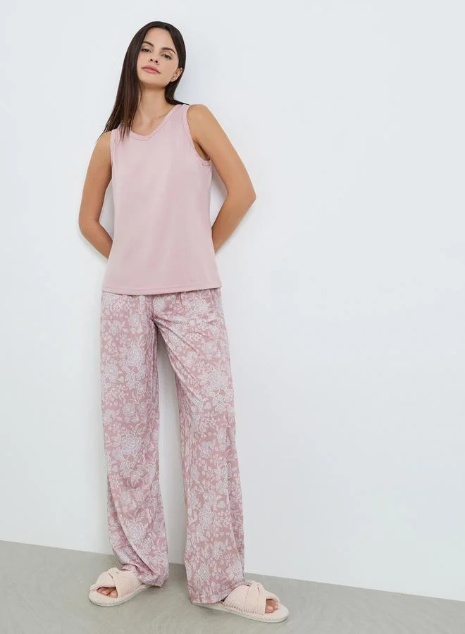 Styli Women Pink Sleeveless Top and Floral Pyjama Set