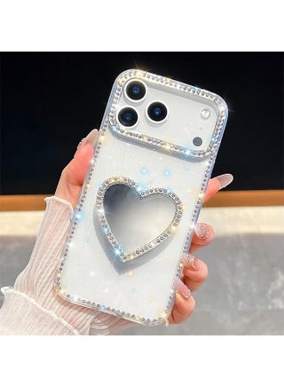 for iPhone 17 Pro Max Clear Case, with Cute Love Heart Makeup Mirror Kickstand, Shiny Glitter Bling Diamond Luxury Phone Cover for Women Girls, Soft TPU Shockproof Bumper Protective Case - 6.9" - view 2