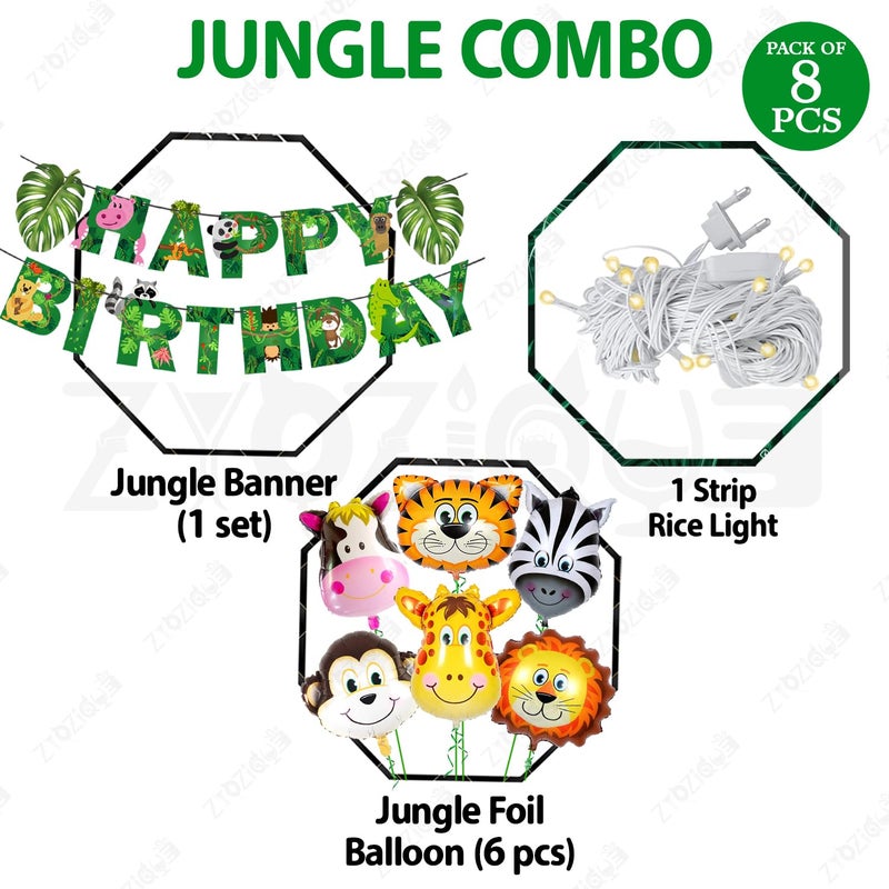 Zyozique® Animal Birthday Party Decorations Set | Jungle Safari Theme Backdrop Decorations Items - Paper Banner, Foil Balloons & Rice Light (Pack Of 8) - Image 2