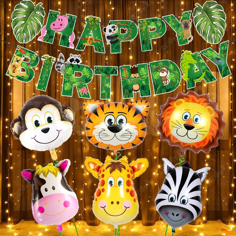 Zyozique® Animal Birthday Party Decorations Set | Jungle Safari Theme Backdrop Decorations Items - Paper Banner, Foil Balloons & Rice Light (Pack Of 8) - Image 1