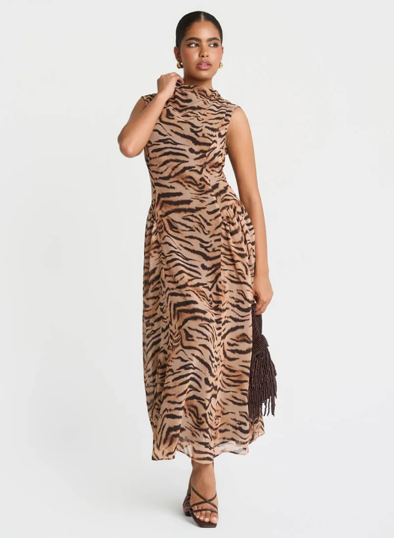 Brown Tiger Print Midaxi Dress