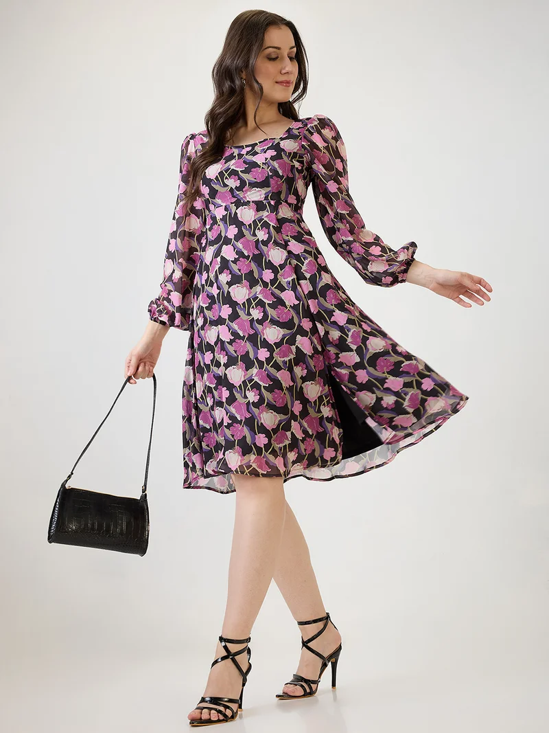 globus Women Purple Georgette Floral Printed Square Neck Bishop Sleeves Stylized Back Fit & Flare Midi Dress