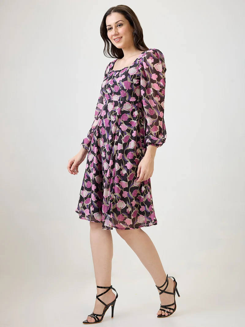 globus Women Purple Georgette Floral Printed Square Neck Bishop Sleeves Stylized Back Fit & Flare Midi Dress