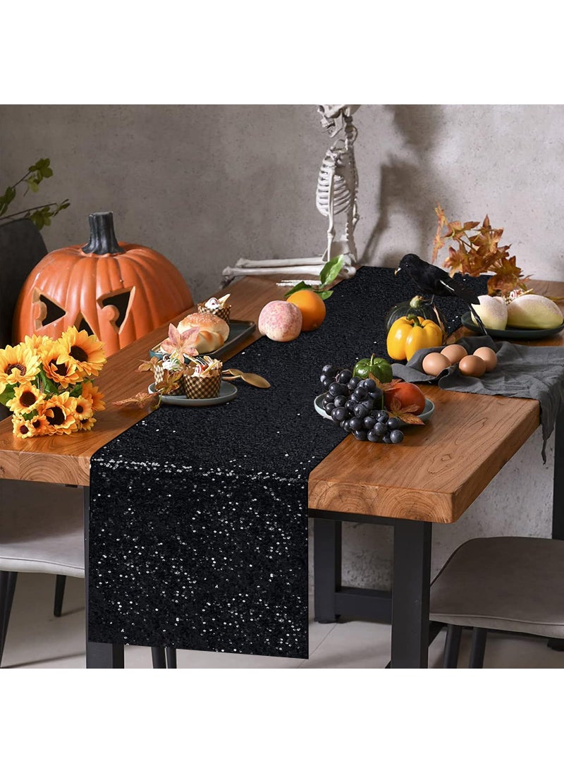 yuboo yuboo Black Sequin Table Runners 12''x 108''  2 Pack Glitter Table Runner  Graduation Party Decorations  Sparkly Black Decorations for Wedding Birthday Falll Halloween Christmas Table Decor  - Image 2