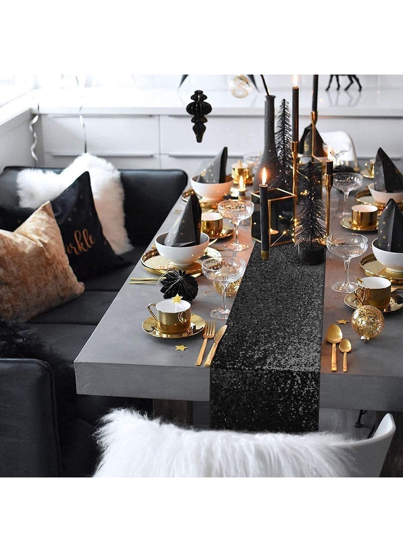 yuboo yuboo Black Sequin Table Runners 12''x 108''  2 Pack Glitter Table Runner  Graduation Party Decorations  Sparkly Black Decorations for Wedding Birthday Falll Halloween Christmas Table Decor  - Image 3