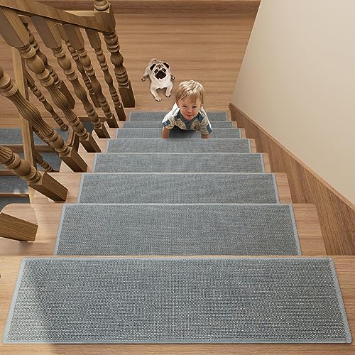SUMLANS Stair Treads Carpet 15 pcs for Wooden Steps with Non Slip Rubber Backing, 100% Polyester Soft Stairs Resistant Indoor Skid Runner Safety Rugs for Kids Elders and Pets 30" * 8" (Gray-Dense Knitting) - Image 1
