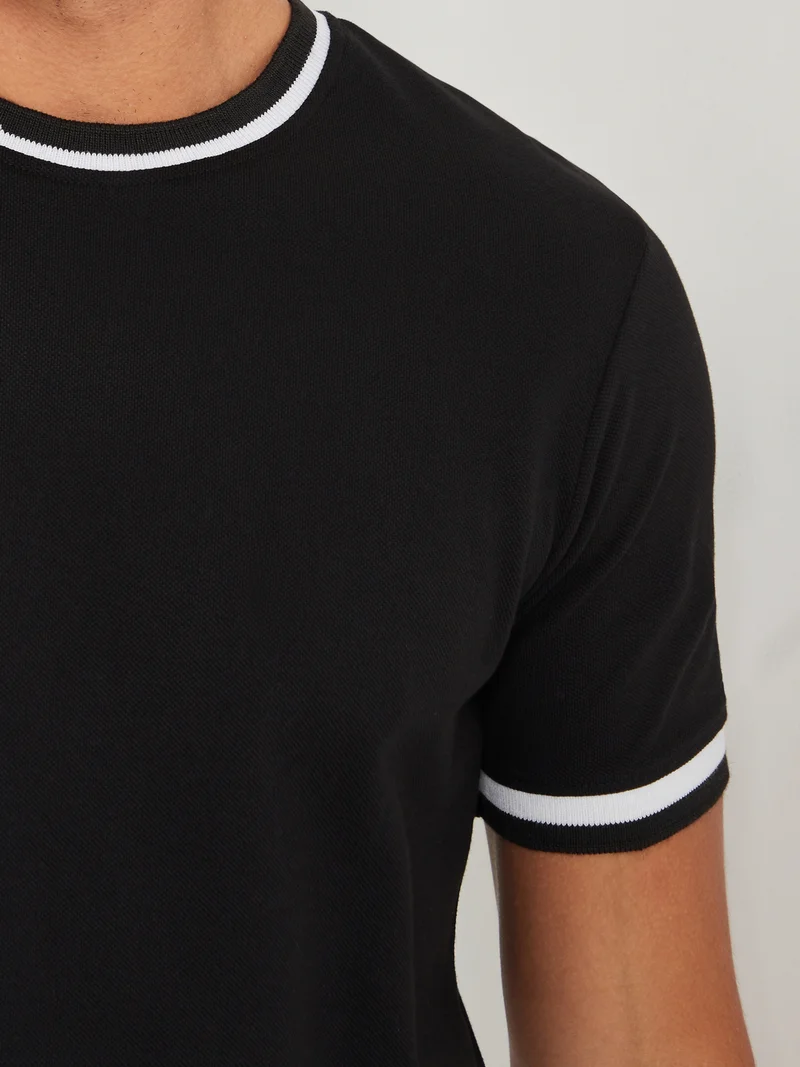 Styli Solid Pique Crew Neck Ringer T-Shirt with Twin Tipping