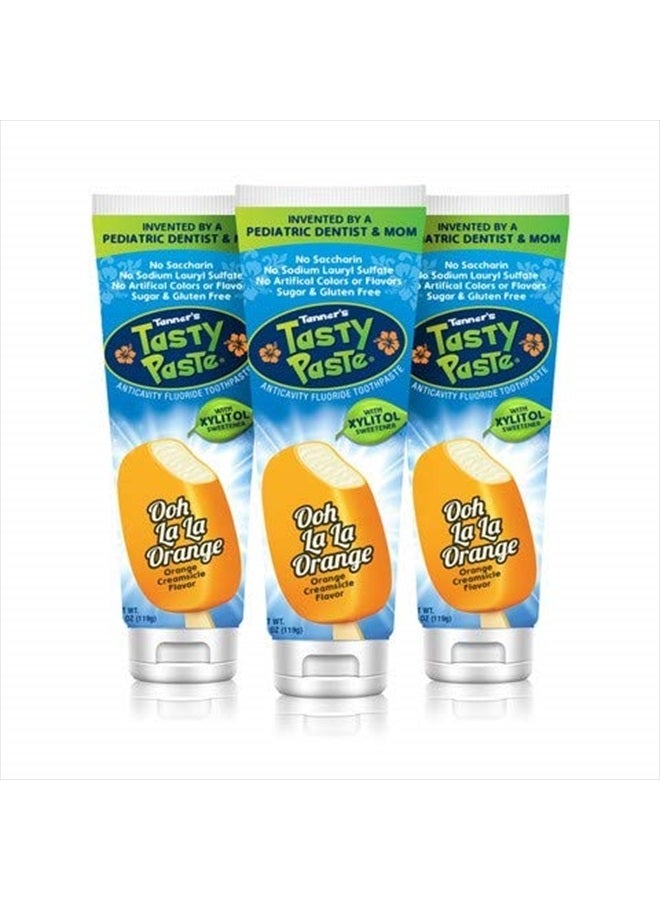Tanner's Tasty Paste أوه لا لا برتقال - معجون أسنان للأطفال مضاد للتسوس بالفلورايد / معجون أسنان بنكهة الفانيليا لذيذ وآمن وفعال للأطفال (عبوة 3)  - Image 1