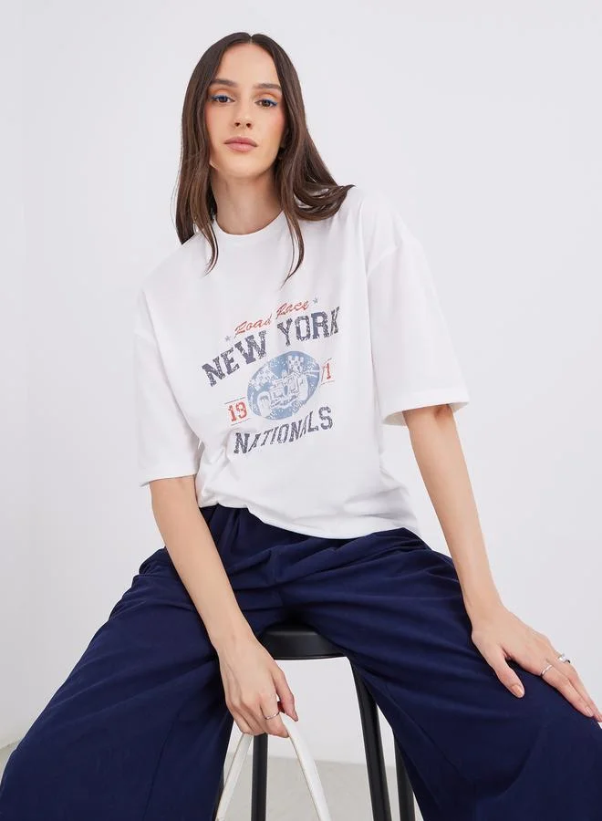 ستايلي Styli Women Off White Graphic Print Short Sleeve Oversized T-Shirt