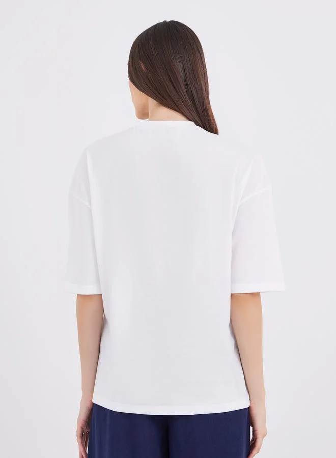 Styli Styli Women Off White Graphic Print Short Sleeve Oversized T-Shirt