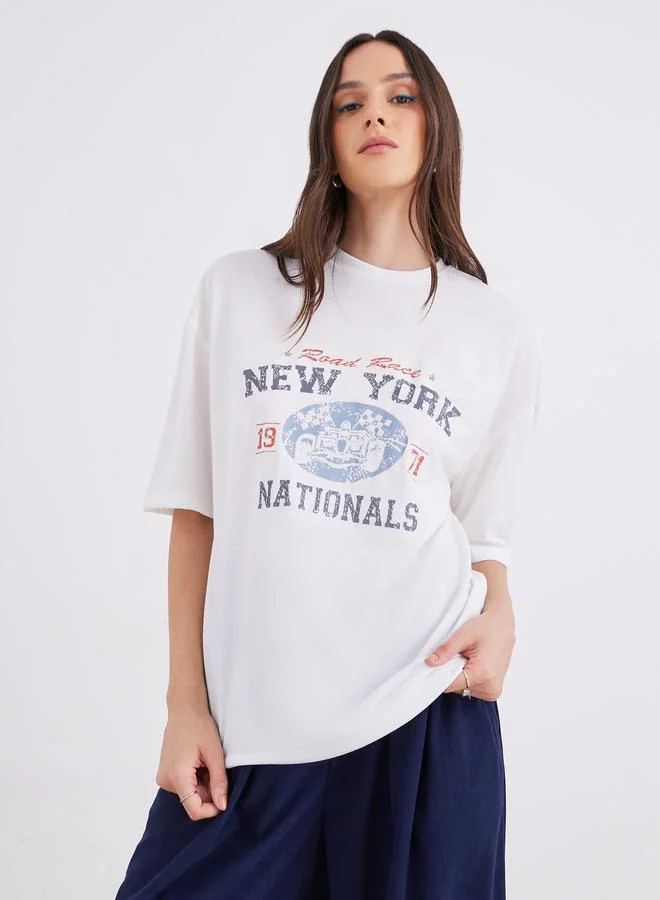 Styli Styli Women Off White Graphic Print Short Sleeve Oversized T-Shirt