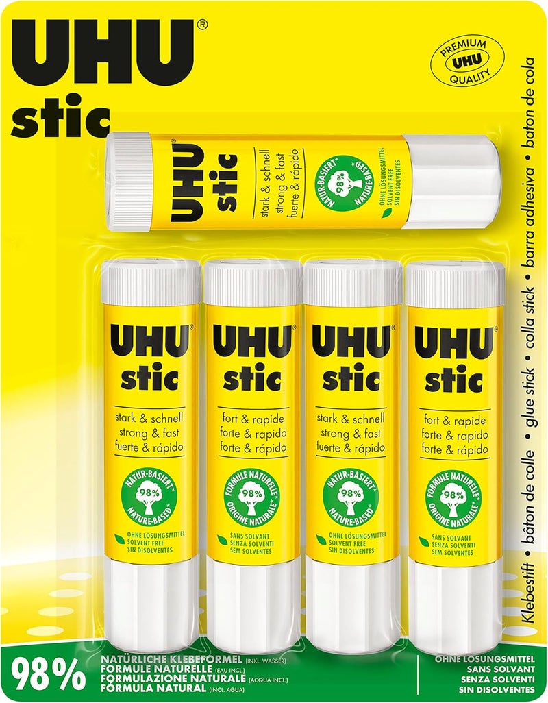 UHU stic, Glue Stick Without Solvent 5 x 21 g stics Blister, White - Image 1