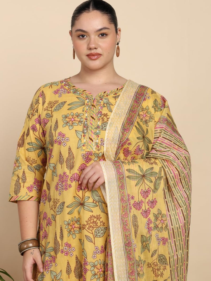 Yash Gallery Women’s Yellow Floral Printed Cambric Cotton Kurta Set with Striped Pants & Dupatta - Image 4