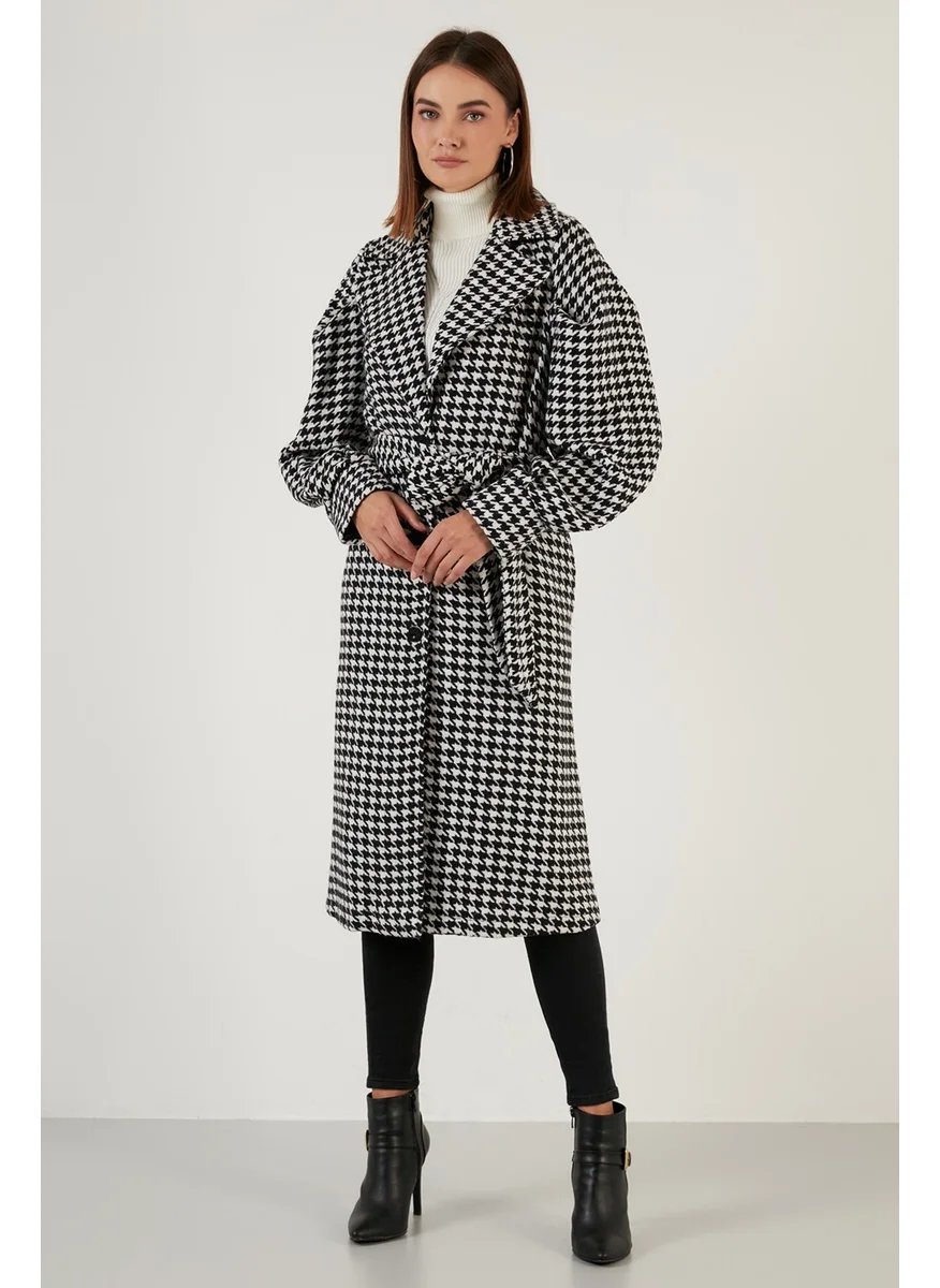 ليلا Houndstooth Patterned Belted Pocket Oversize Long Coat Women's Coat 611MNT06
