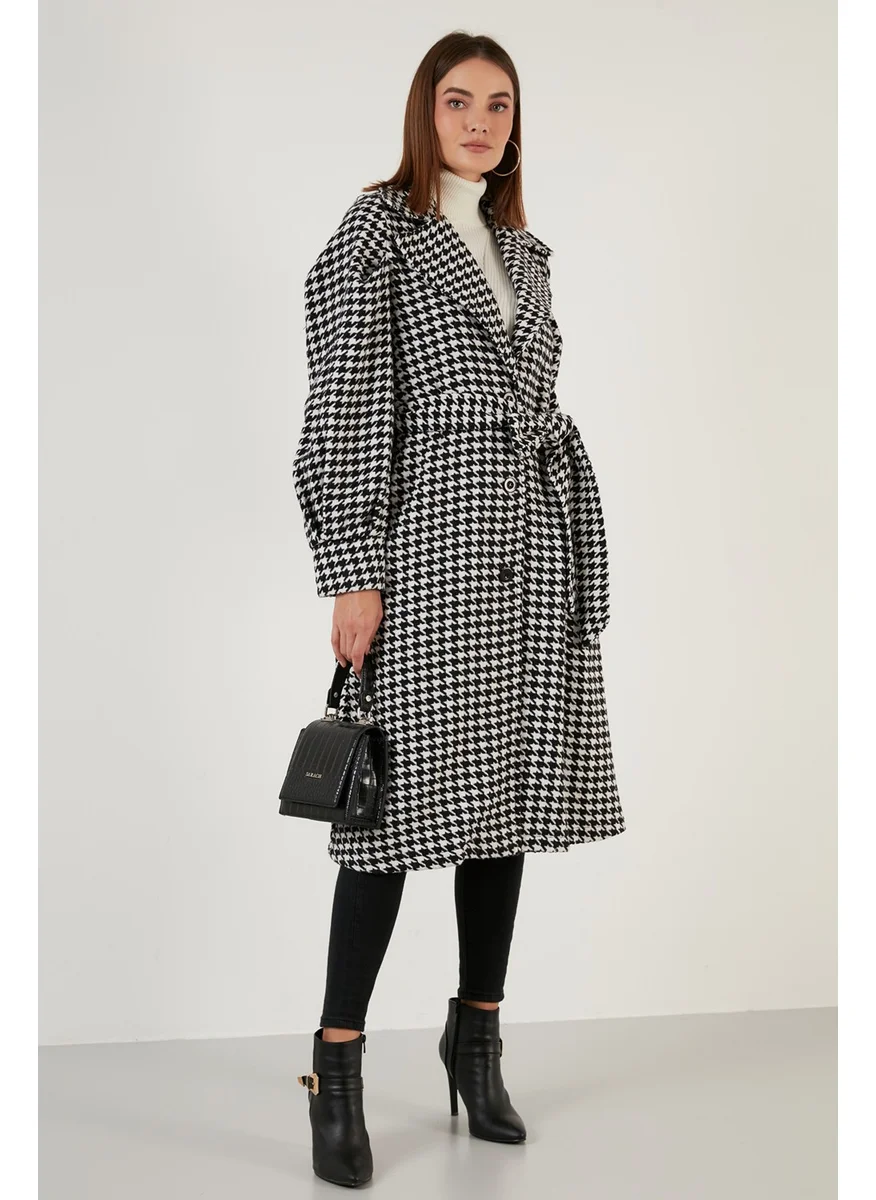ليلا Houndstooth Patterned Belted Pocket Oversize Long Coat Women's Coat 611MNT06