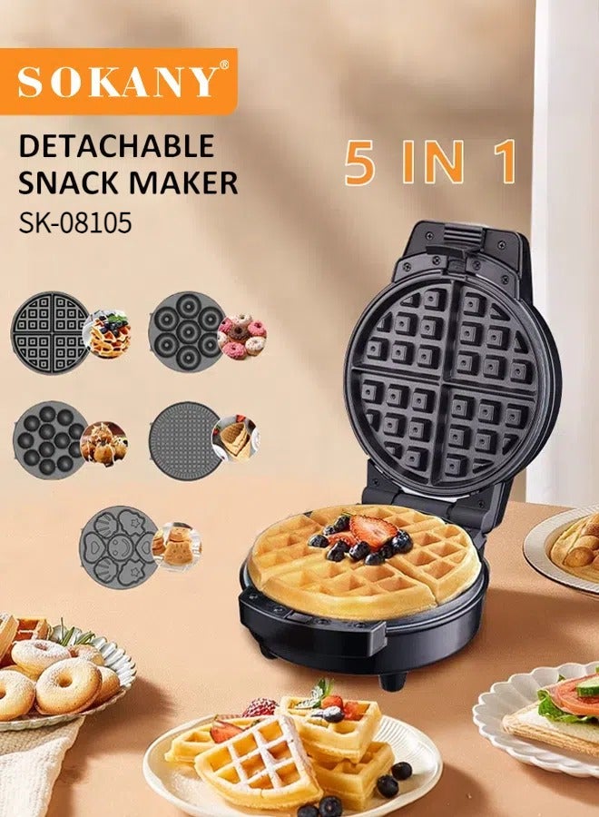 sokany 5 In 1 Non-Stick Multi Snacks Maker With Waffle/Donut/Egg roll/Meatball/Cartoon Cake,Detachable Plates 600W SK-08105 Black/Silver  - Image 1