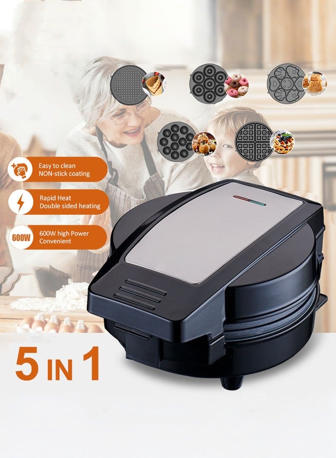 sokany 5 In 1 Non-Stick Multi Snacks Maker With Waffle/Donut/Egg roll/Meatball/Cartoon Cake,Detachable Plates 600W SK-08105 Black/Silver  - Image 2