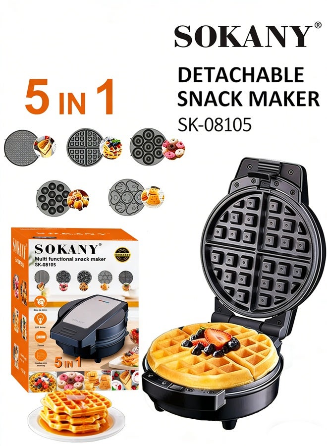 sokany 5 In 1 Non-Stick Multi Snacks Maker With Waffle/Donut/Egg roll/Meatball/Cartoon Cake,Detachable Plates 600W SK-08105 Black/Silver - Image 1