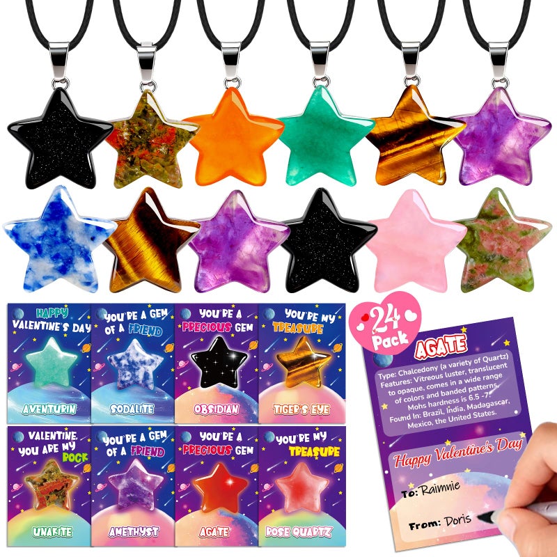 AugToy 24 Pack Star Necklace Set Valentines Day Cards for Kids School Valentine Cards for Kids Classroom for Boy Girl Party Favors natural stone necklace Crystal Gemstone Pendant Valentine Bulk Gifts - Image 3