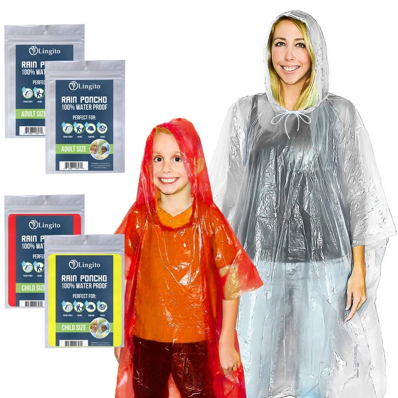 Lingito Emergency Rain Ponchos Family Pack | 2 Adults & 2 Children Ponchos | 100% Water-Proof with Drawstring Hood and Cuffed Sleeves | Great for Camping, Hiking, and Travel - Image 1