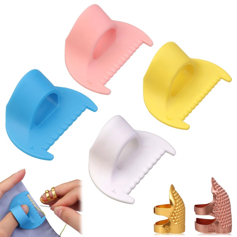 Dexspoeny 6Pcs Sewing Tool Kit-4Pcs Edge Stitch Lock & Sewing Gauge + 2Pcs Adjustable Thimble Finger Protector,Precision Measuring Tool & Needle Shield for Sewing, Quilting, DIY Crafts - Image 1