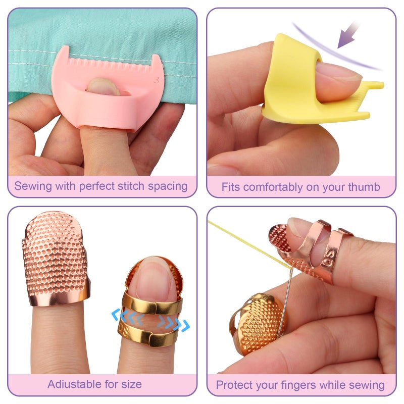 Dexspoeny 6Pcs Sewing Tool Kit-4Pcs Edge Stitch Lock & Sewing Gauge + 2Pcs Adjustable Thimble Finger Protector,Precision Measuring Tool & Needle Shield for Sewing, Quilting, DIY Crafts - Image 4