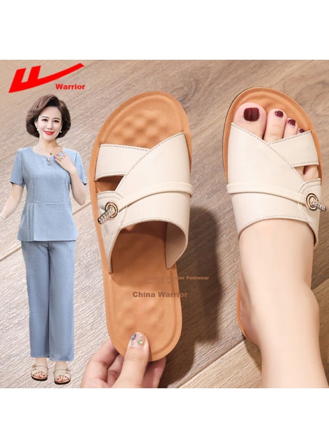 Pull Back Huili Mom's Slippers, Middle-aged And Elderly Women's Shoes, New Summer Style, Outdoor Wear, Soft Sole, Comfortable Sandals For The Elderly, 1206 Beige, Size 38 - Image 1