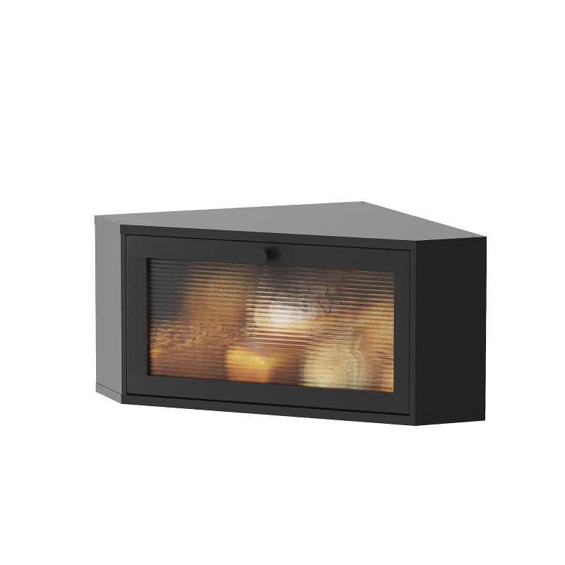 kiplant Corner Bread Box for Kitchen Countertop - Bamboo Wood, Wavy Acrylic Door, Bread Storage Container, Large Bread Holder (Black, Medium) - Image 1
