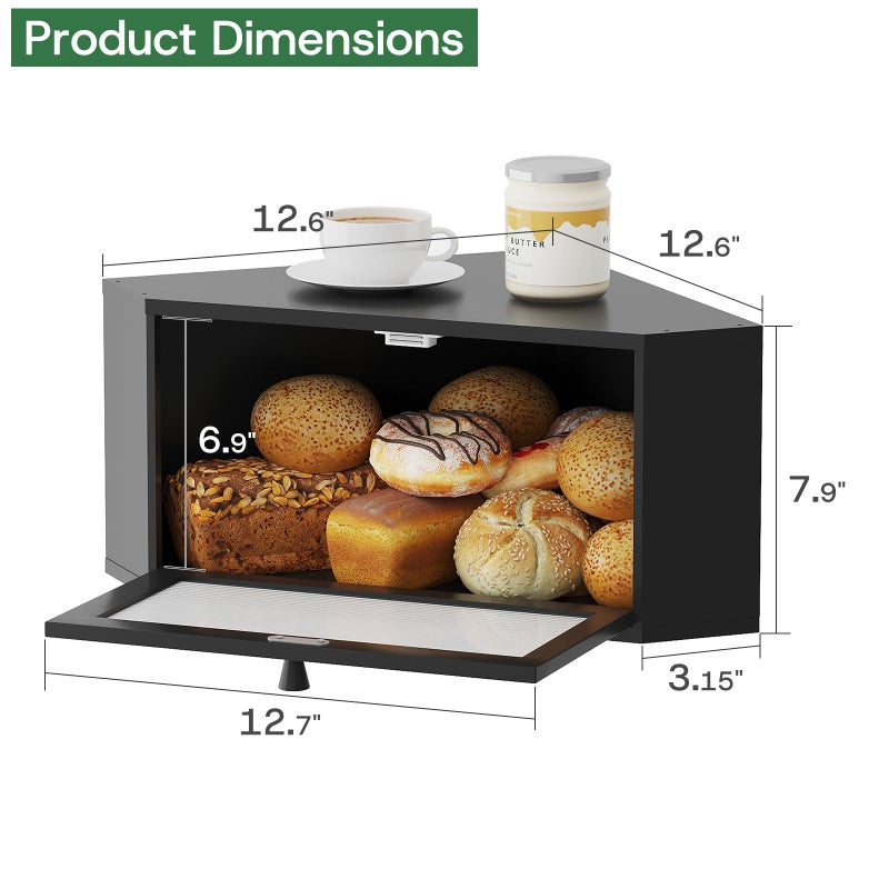 kiplant Corner Bread Box for Kitchen Countertop - Bamboo Wood, Wavy Acrylic Door, Bread Storage Container, Large Bread Holder (Black, Medium) - Image 2