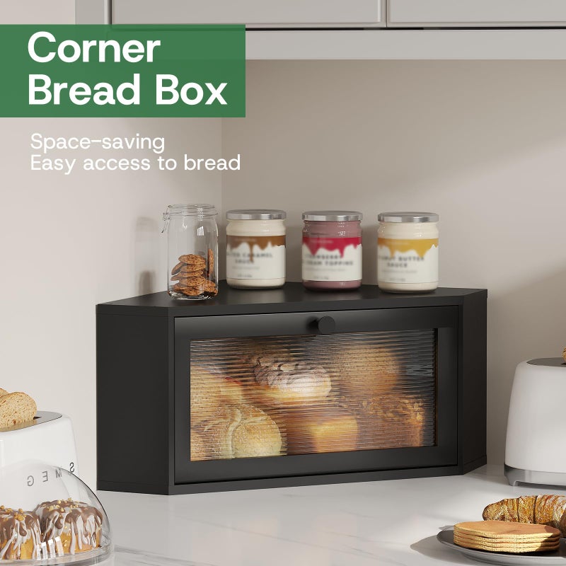 kiplant Corner Bread Box for Kitchen Countertop - Bamboo Wood, Wavy Acrylic Door, Bread Storage Container, Large Bread Holder (Black, Medium) - Image 3