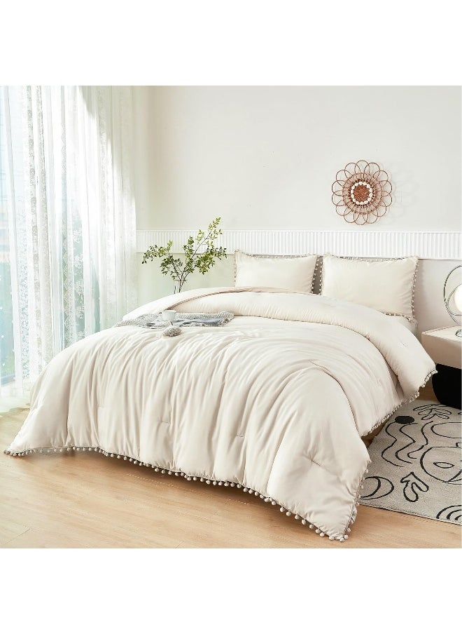 Generic PERFEMET Beige Bed in A Bag Full Size 5 Pieces Aesthetic Pom Pom Bedding with Sheet Set Soft Fluffy Cream Boho Solid Bed Set for All Seasons  - Image 1