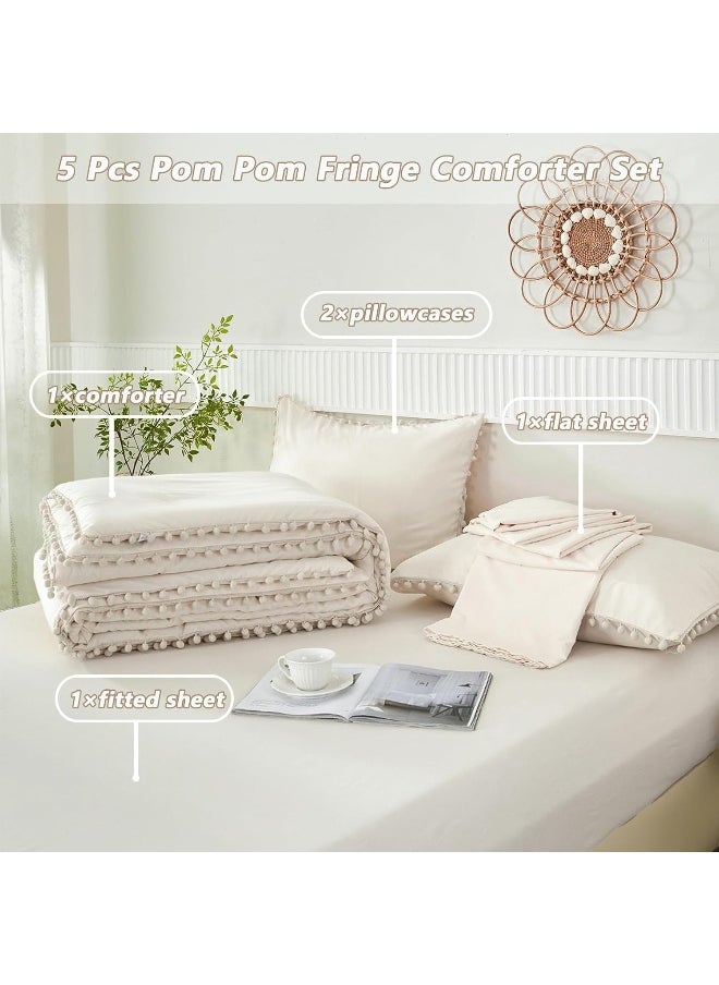 Generic PERFEMET Beige Bed in A Bag Full Size 5 Pieces Aesthetic Pom Pom Bedding with Sheet Set Soft Fluffy Cream Boho Solid Bed Set for All Seasons  - Image 3