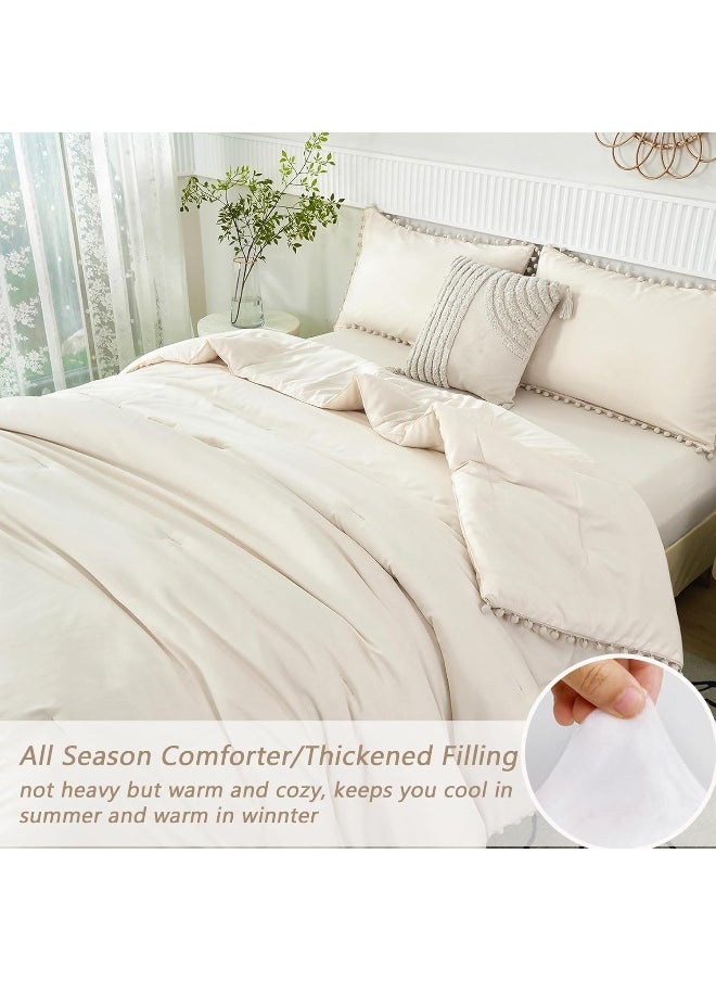 Generic PERFEMET Beige Bed in A Bag Full Size 5 Pieces Aesthetic Pom Pom Bedding with Sheet Set Soft Fluffy Cream Boho Solid Bed Set for All Seasons  - Image 5