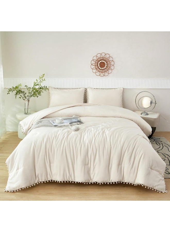 Generic PERFEMET Beige Bed in A Bag Full Size 5 Pieces Aesthetic Pom Pom Bedding with Sheet Set Soft Fluffy Cream Boho Solid Bed Set for All Seasons  - Image 2