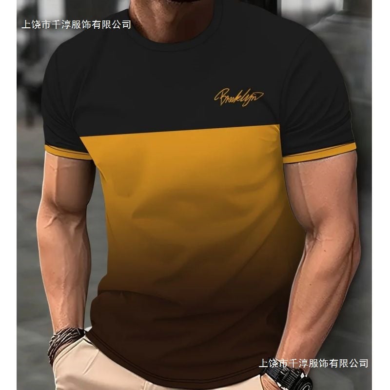 Men'S Clothing Short-Sleeved Tops Gradient Color Digital Printing Shirt Blue Gray Red Yellow Casual Blue Gradient - Image 2