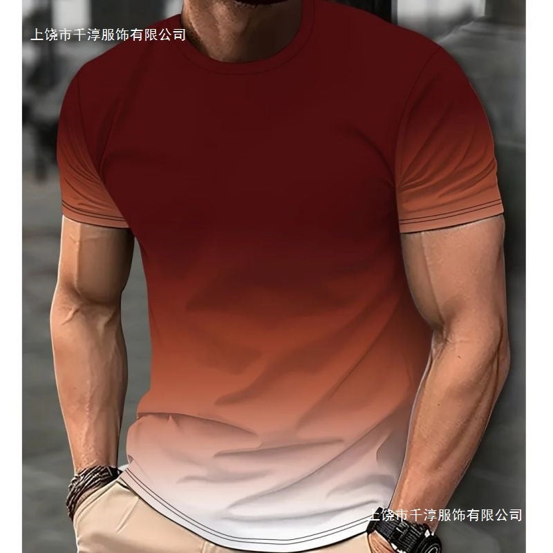 Men'S Clothing Short-Sleeved Tops Gradient Color Digital Printing Shirt Blue Gray Red Yellow Casual Blue Gradient - Image 4