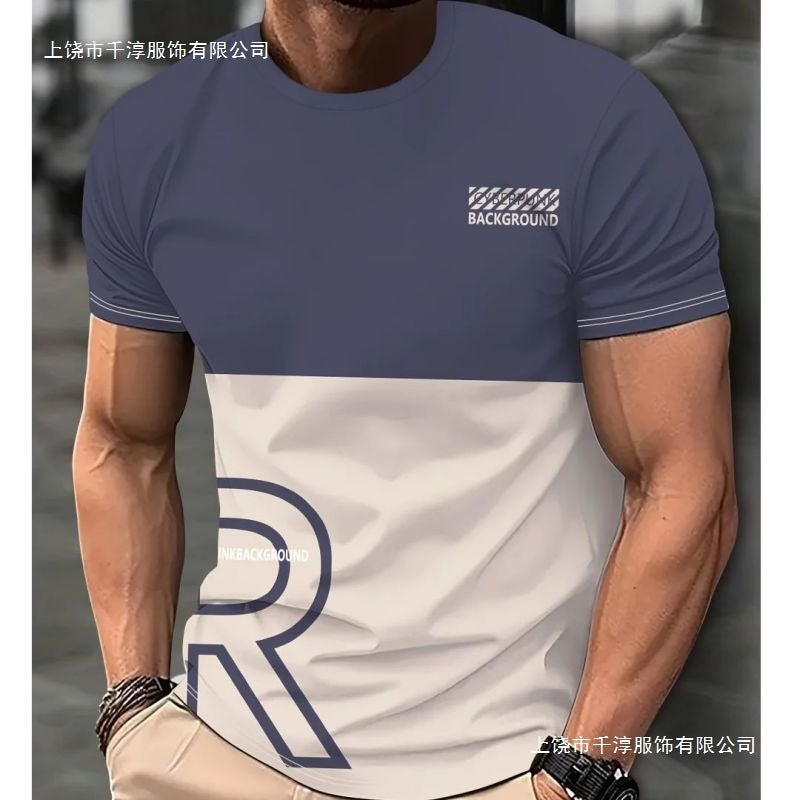 Men'S Clothing Short-Sleeved Tops Gradient Color Digital Printing Shirt Blue Gray Red Yellow Casual Blue Gradient - Image 5
