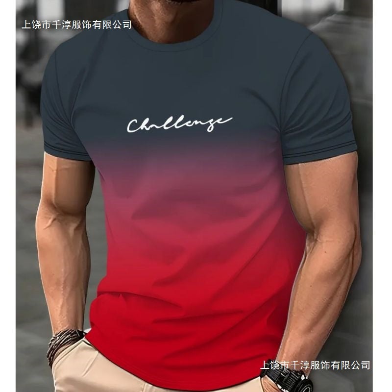 Men'S Clothing Short-Sleeved Tops Gradient Color Digital Printing Shirt Blue Gray Red Yellow Casual Blue Gradient - Image 3