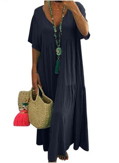 Loquat Womens Summer Loose Casual Short Sleeve Dresses Solid Color V-Neck Ruffled Maxi Dress Navy Blue 