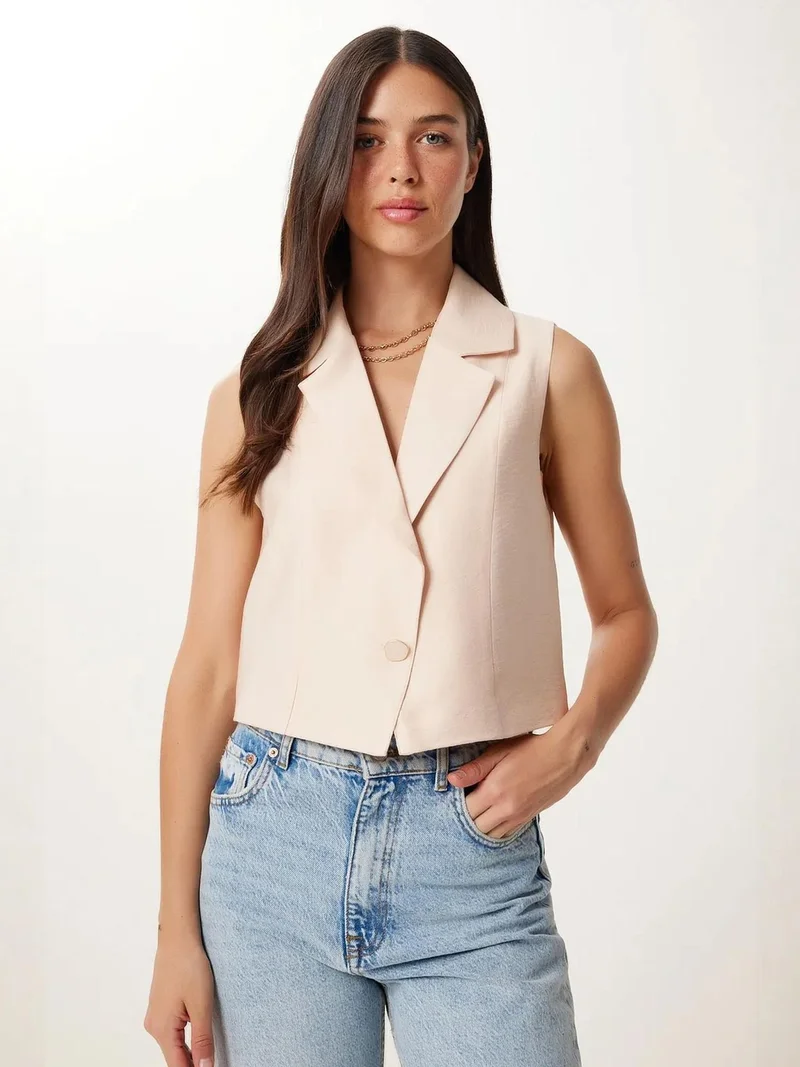السعادة في إسطنبول ISTANBUL Sleeveless Linen Shawl Collar Cropped Waistcoat