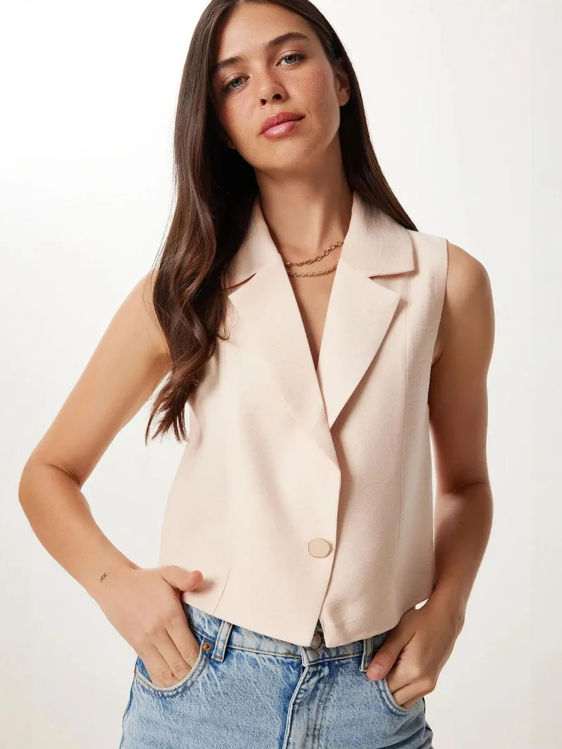 السعادة في إسطنبول ISTANBUL Sleeveless Linen Shawl Collar Cropped Waistcoat