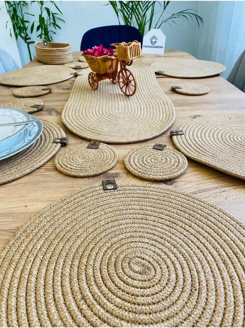 BDZ Deri BDZ Leather Jute Wicker American Service Supla Runner Basket and Cup Holder 14 Pieces